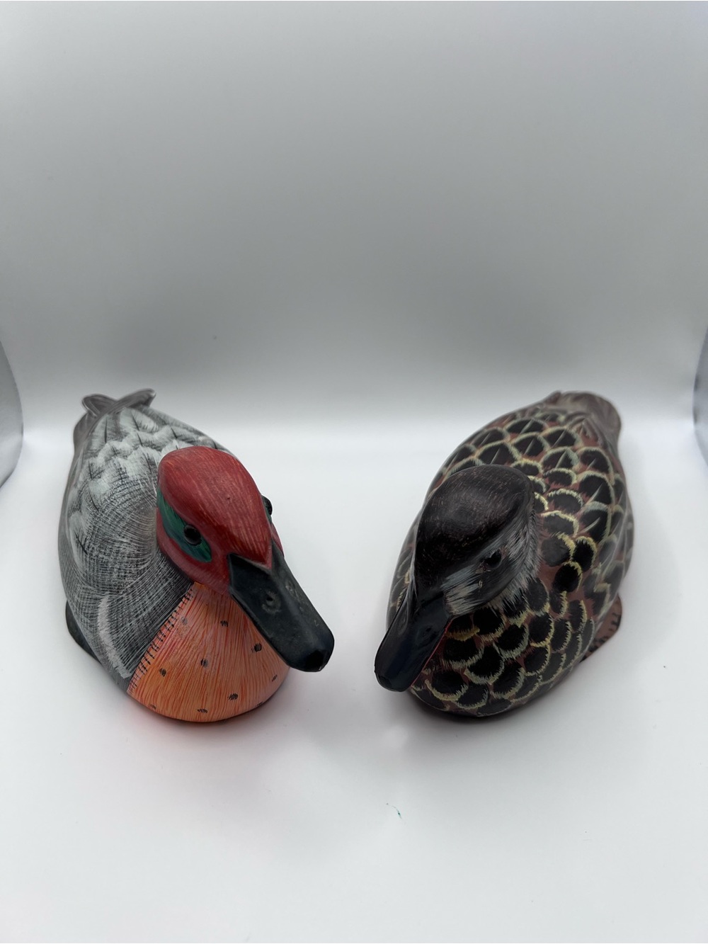 Vintage Hand Carved Painted Wood Duck Decoys Pair Mallard Folk Art Decor